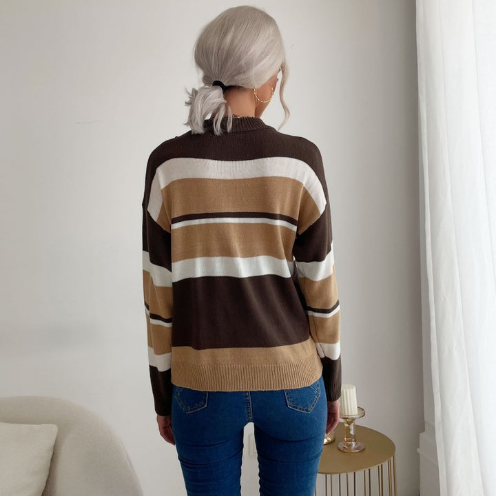 Damen Langärmliger Ringel-Feinstrickpullover mit kurzem Stehkragen und legerer Silhouette Echoarchiv