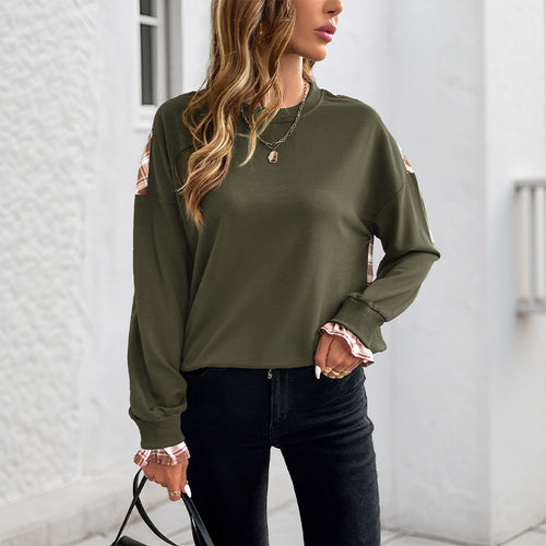 Damen Lässiges Rundhals-Sweatshirt mit Karomuster‑Einsätzen und gerafften Manschetten Echoarchiv
