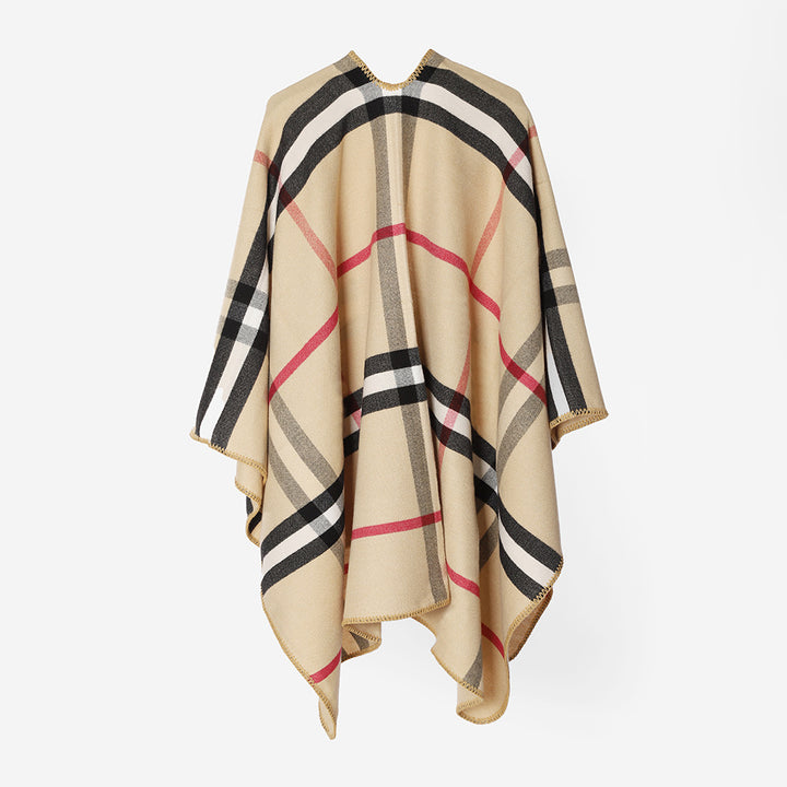 Damen Karierter Wollmix‑Poncho im Oversize‑Cape‑Schnitt mit Zierstichkante Echo Archiv