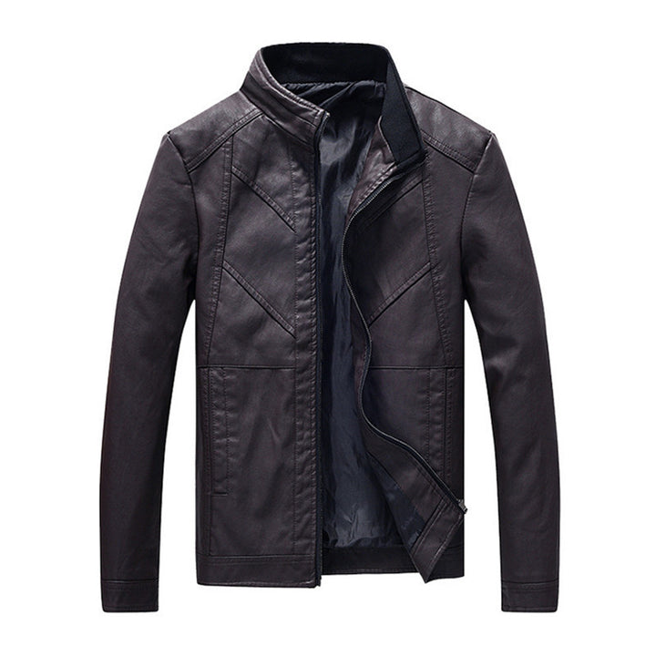 Herren schlanke Kunstleder-Motojacke mit Stehkragen, ergonomischer Nahtführung und leichter Thermofütterung Echoarchiv