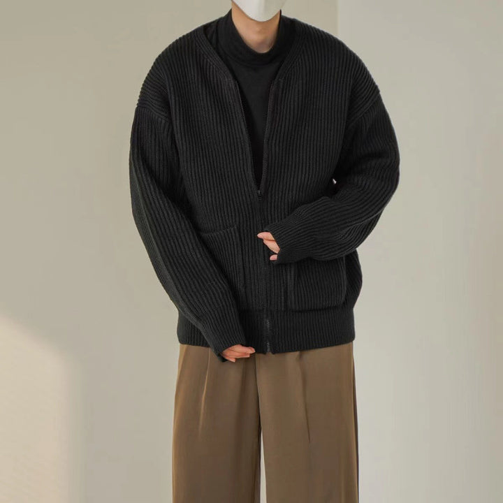 Unisex Oversized Boxy-Strickjacke mit verdecktem Reißverschluss und breiter Rippenstruktur Echoarchiv