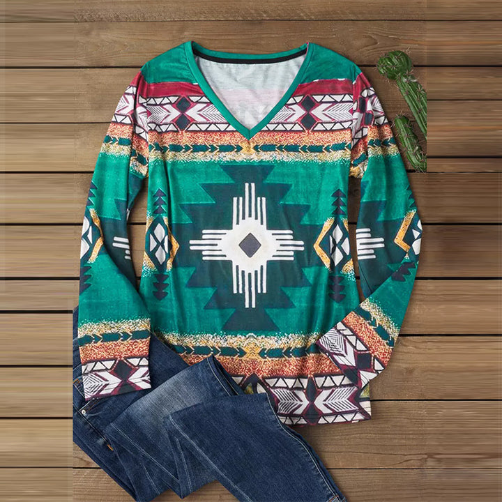 Damen Langarmshirt mit V-Ausschnitt und grafischem Ethno-Print legerer Schnitt – Avérine