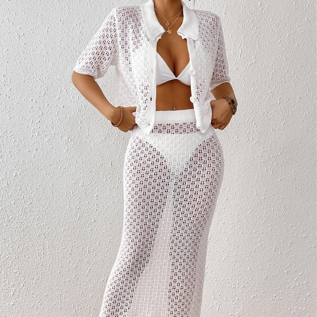 Damen luftiger Strick-Strandüberwurf mit eleganter Knopfleiste Echo Archiv