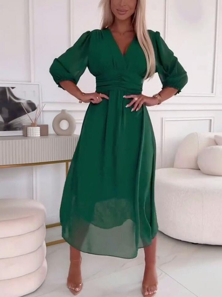 Damen Chiffon Maxi Kleid mit V-Ausschnitt, Rüschengesäß und 3/4 Ärmeln Echoarchiv