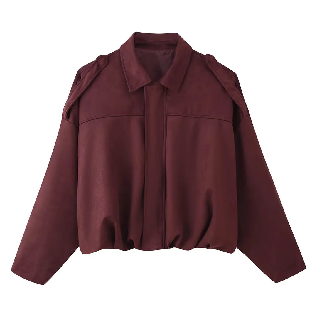 Damen kurz geschnittene Oversized-Blousonjacke mit Schulterklappen, verdeckter Frontleiste und elastischem Kordelsaum – Célinea