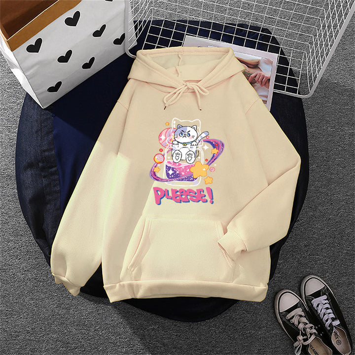 Damen oversized Kapuzenpullover im Streetstyle mit weichem Fleece-Innenfutter, Kängurutasche und farbenfrohem Cartoon-Katzen-Planet-Print – Auréline