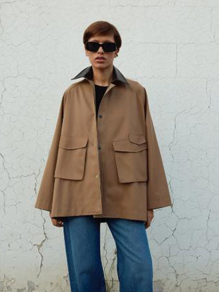 Damen Oversize utilitarische Jacke mit großen Pattentaschen und Kontrastkragen Echoarchiv
