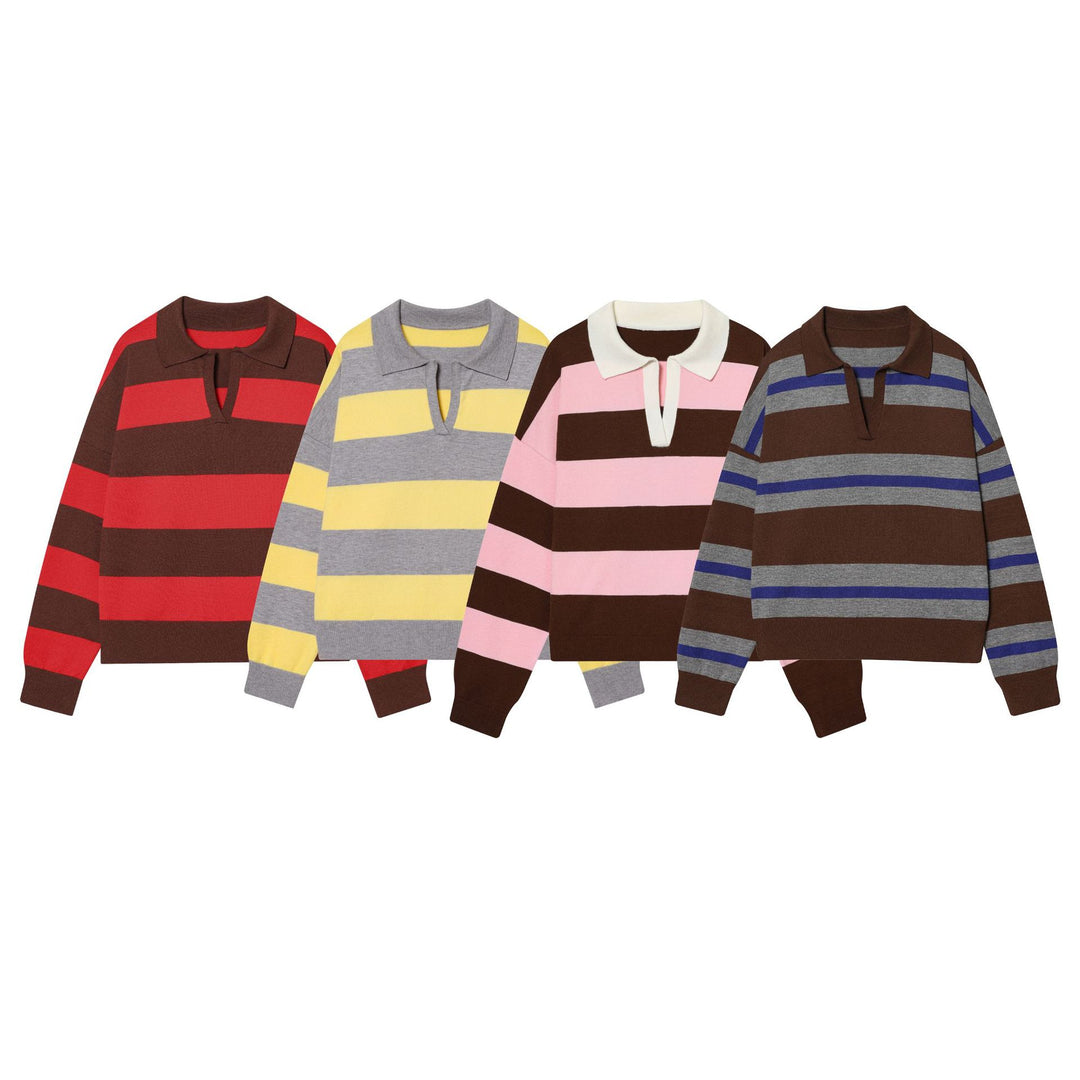 Damen gestreifter Rugby-Pullover mit Polokragen, offenem V‑Ausschnitt und breitem Rippbund – Mavelle
