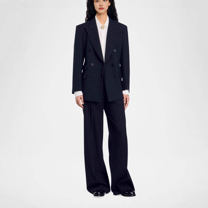 Damen Zweireihiger Nadelstreifen-Hosenanzug mit Oversize-Blazer und weitem Bundfaltenhose Echoarchiv