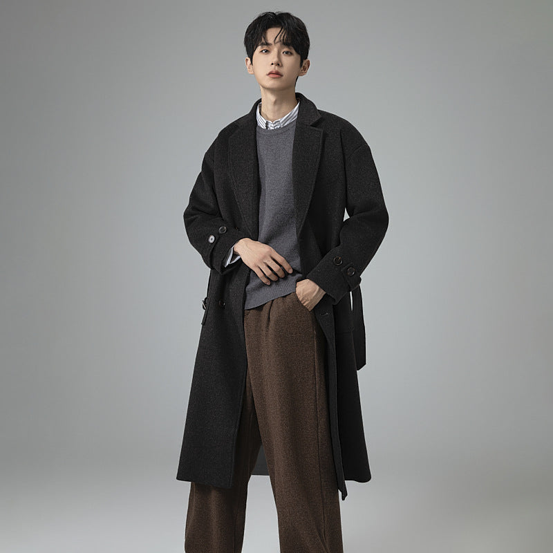 Herren Maxilanger Wollmix-Mantel im Tweed-Look mit Oversize-Schnitt, Doppelreihe und Bindegürtel Echoarchiv