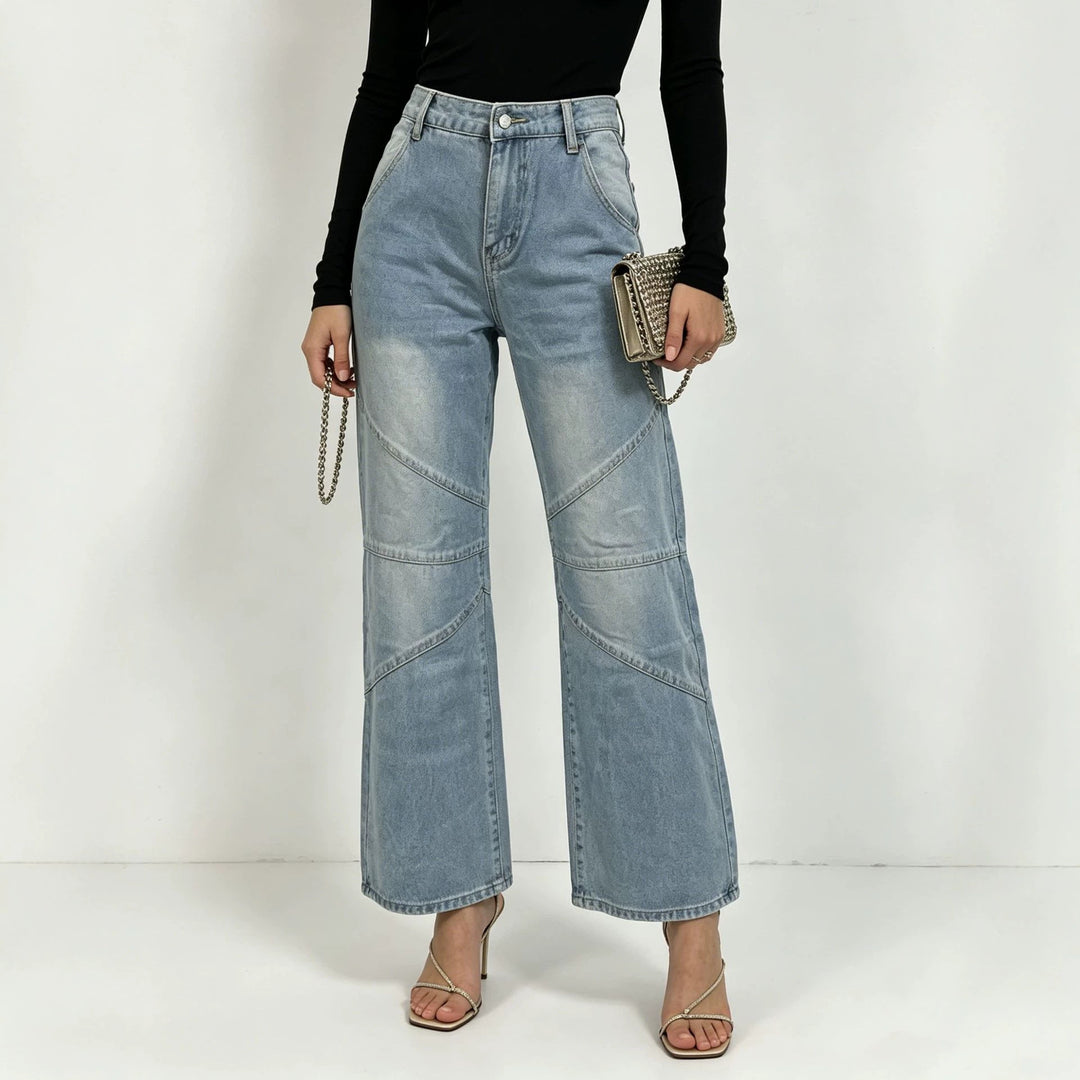 Damen nan weite Jeanshose mit hohen Bund, geschwungenen Ziernähten und weitem Bein Echo Archiv