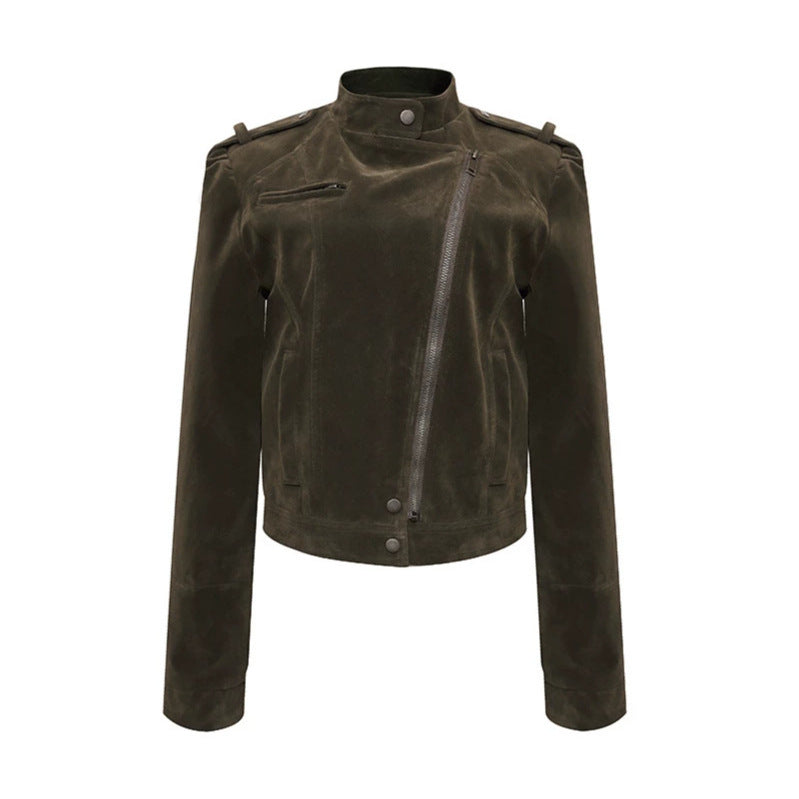 Damen Kurze Veloursleder-Bikerjacke mit asymmetrischem Reißverschluss und Stehkragen Echoarchiv