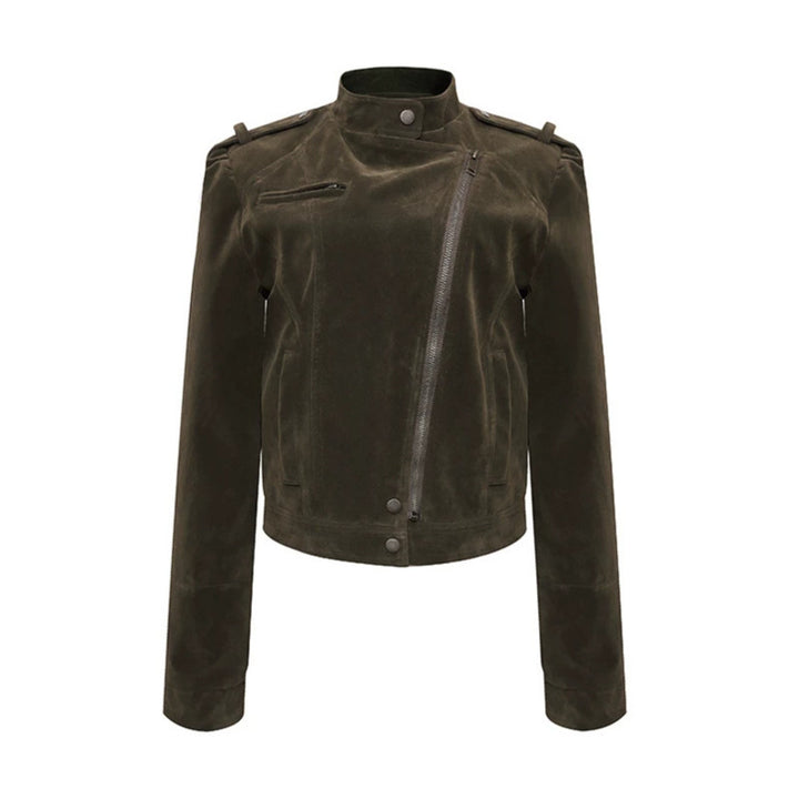 Damen Kurze Veloursleder-Bikerjacke mit asymmetrischem Reißverschluss und Stehkragen Echoarchiv