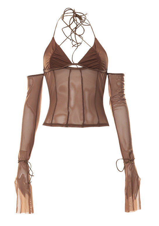 Damen Crop-Top mit transparentem Design und raffinierten Rüschenärmeln Echo Archiv