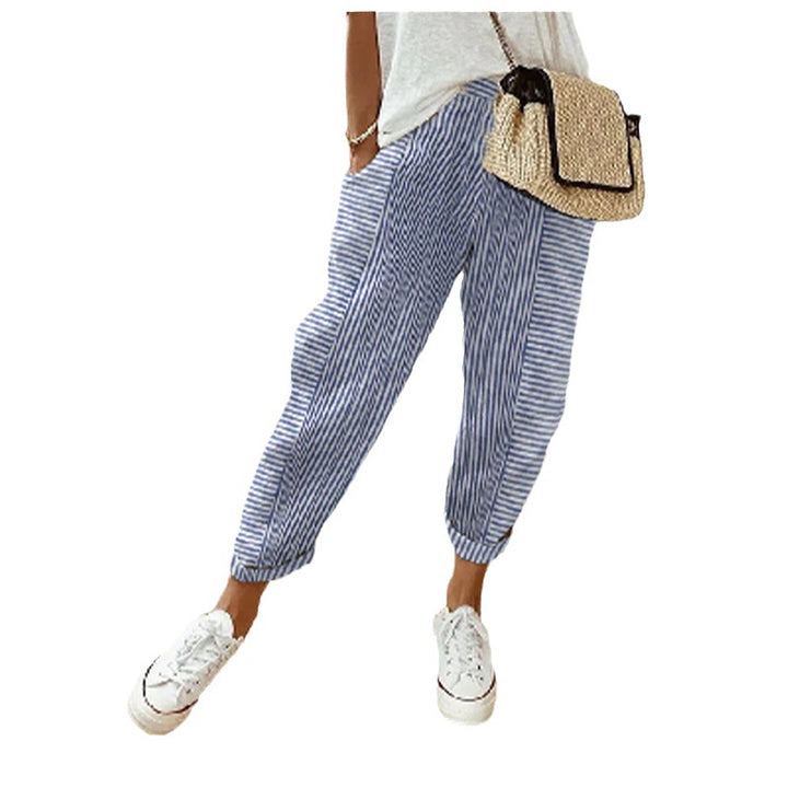 Damen Freizeit Leinenlook Hose mit Streifen, elastischem Bund und Saumabschluss – Avélisse