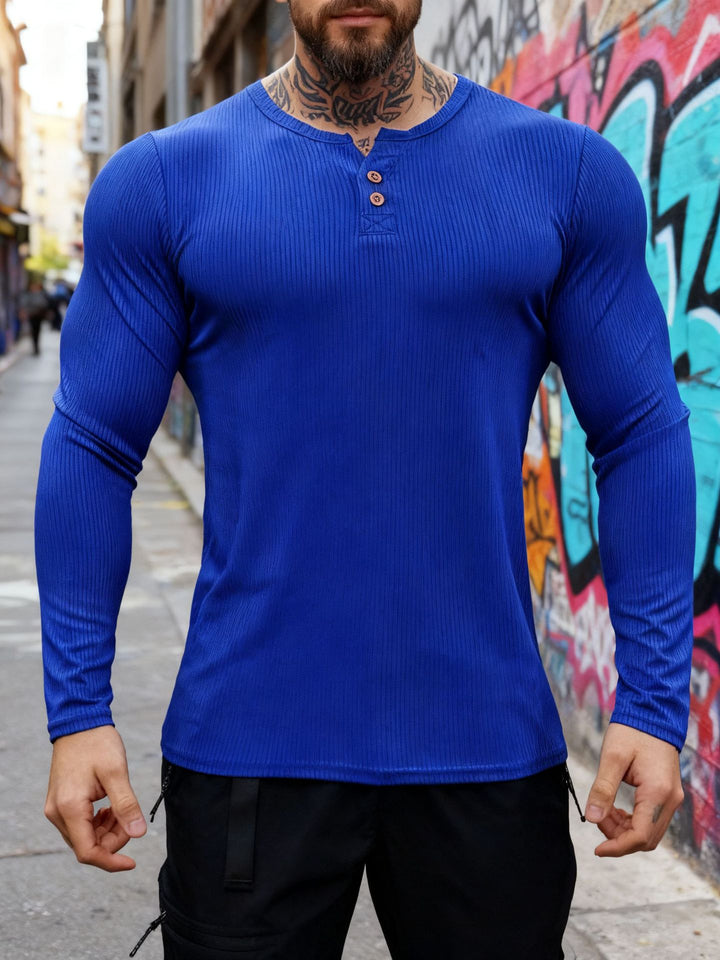 Herren nan geripptes Langarm-Henleyshirt mit flacher Knopfleiste und körperbetonter Stretch-Passform Echo Archiv
