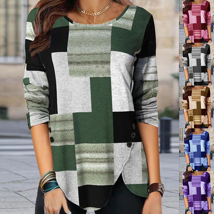 Damen gemustertes Langarm-Tunika-Shirt mit asymmetrischem Saum und dekorativer Knopfleiste Echoarchiv