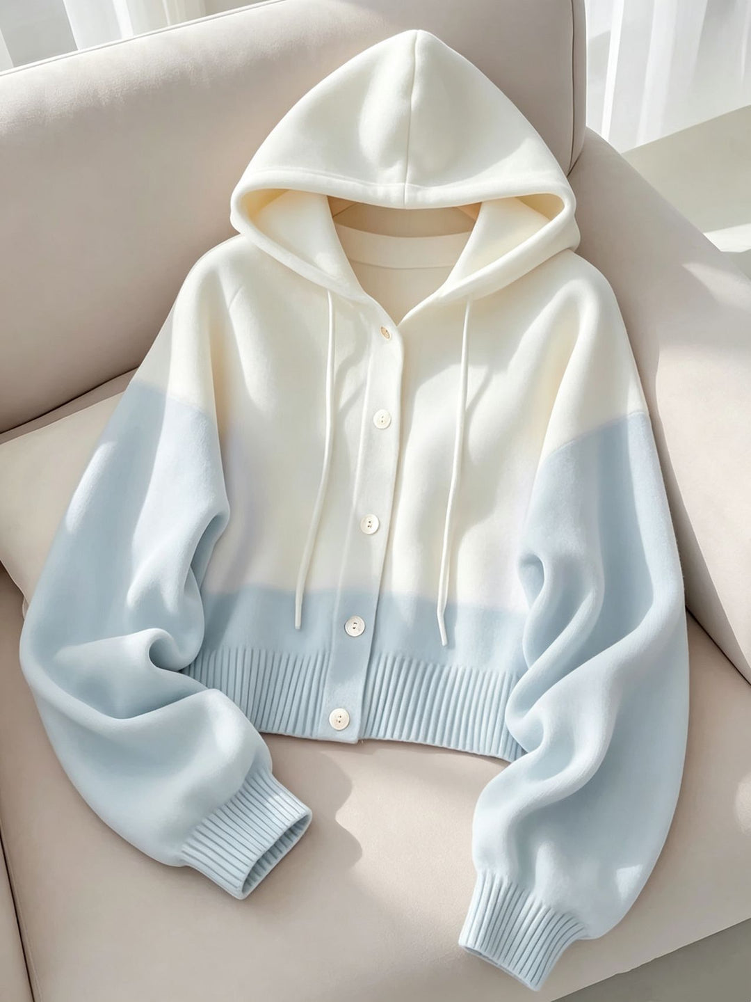 Damen Kapuzen-Strickcardigan mit Knopfleiste, geripptem Bund und Oversize-Ärmeln – Auréline