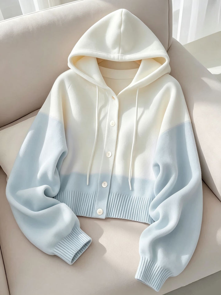 Damen Kapuzen-Strickcardigan mit Knopfleiste, geripptem Bund und Oversize-Ärmeln – Auréline
