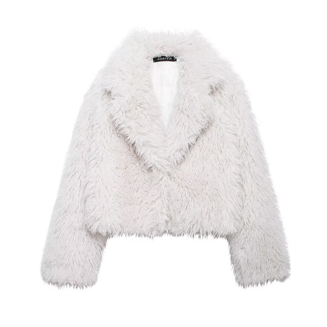 Damen nan kurze kuschelige Kunstfell-Cropped-Jacke mit großzügigem Schalkragen und offener Front Echo Archiv