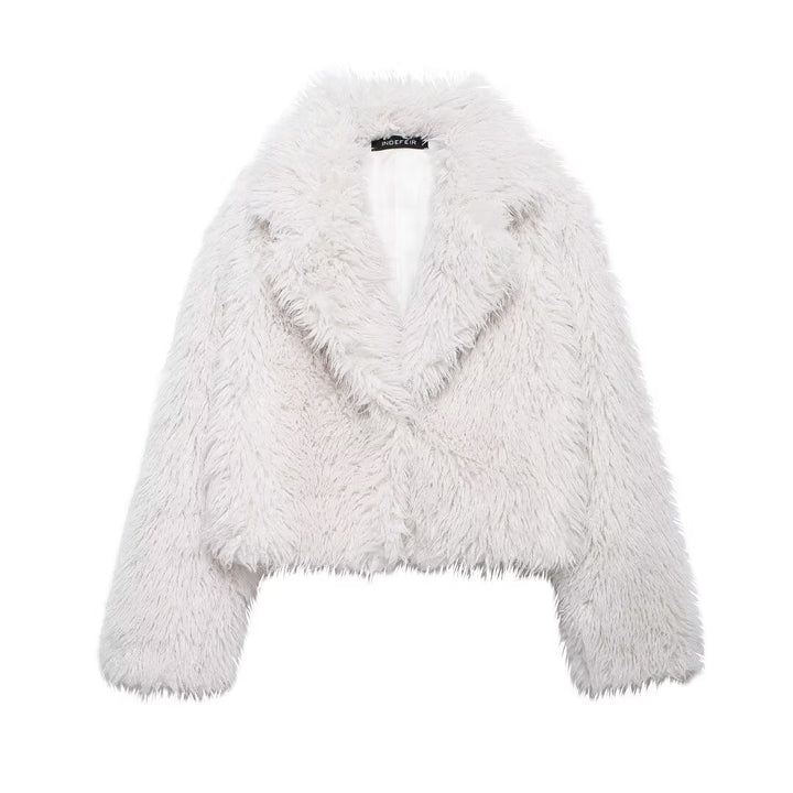 Damen nan kurze kuschelige Kunstfell-Cropped-Jacke mit großzügigem Schalkragen und offener Front Echo Archiv