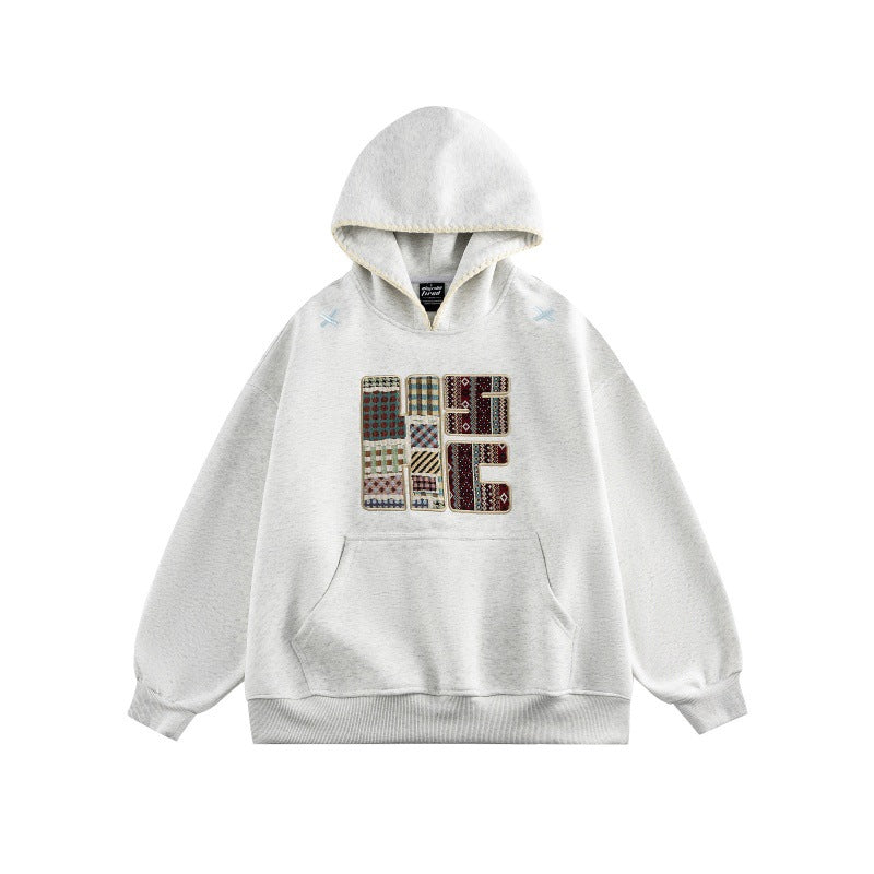 Unisex Weit geschnittener Kapuzenpullover mit Patchwork-Applikation und Kängurutasche Echoarchiv