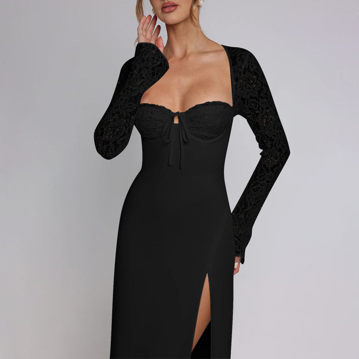 Damen Elegantes Maxikleid mit Spitzenärmel und seitlichem Schlitz Echo Archiv