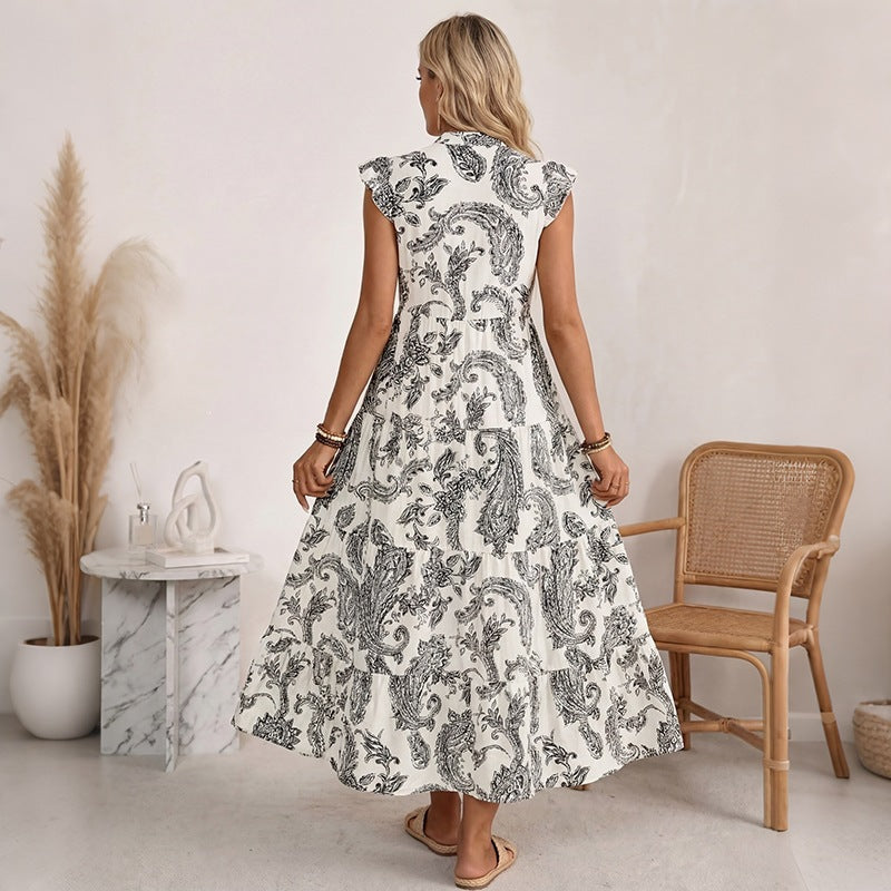 Damen Maxikleid mit Paisley‑Print, V‑Ausschnitt und Stufenrock Echoarchiv