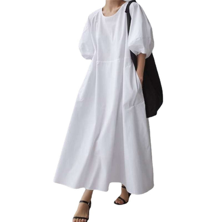 Damen Luftiges Baumwoll‑Poplin Maxi‑Kleid mit voluminösen Puffärmeln, A‑Linien‑Silhouette und Seitentaschen – Valéora