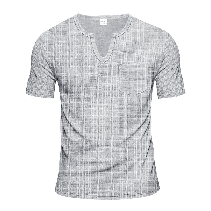 Herren nan Kurzarmshirt mit geschlitztem V-Ausschnitt strukturierter Leinenoptik und aufgesetzter Brusttasche Echo Archiv