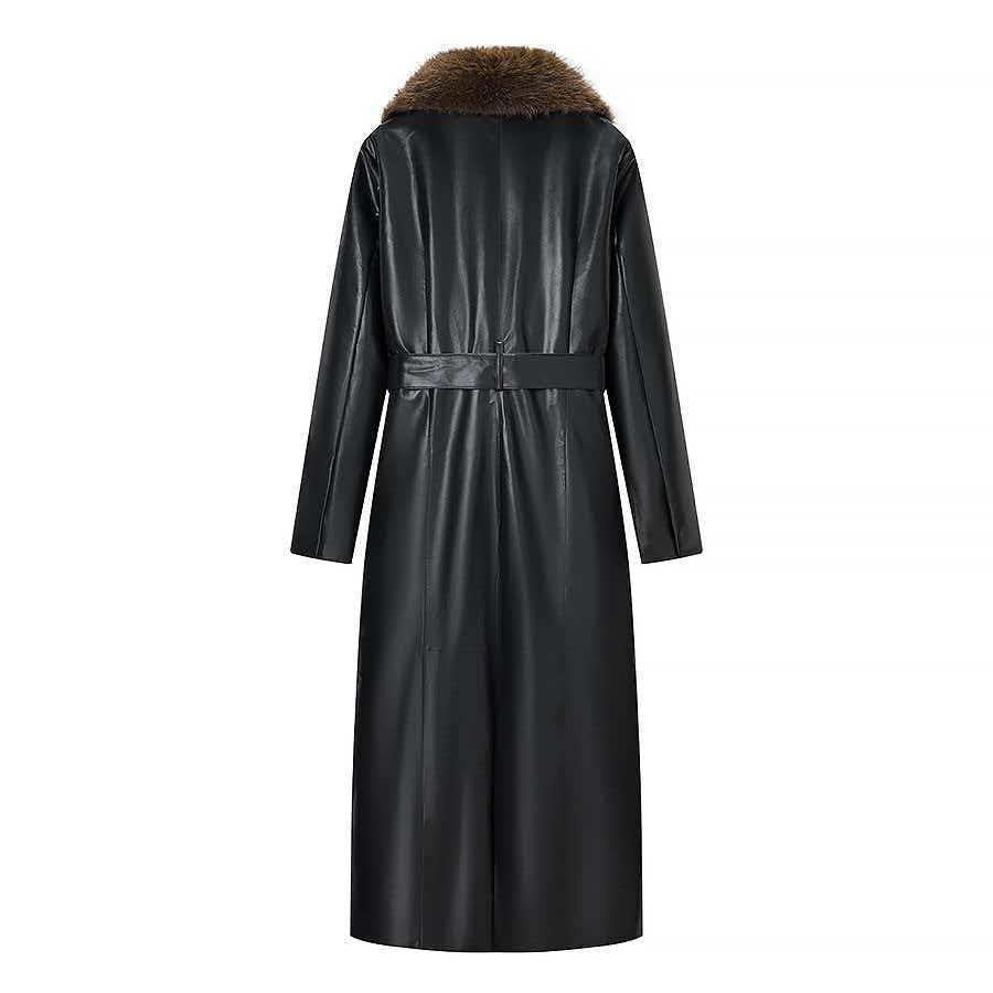 Damen Langer Ledermantel mit abnehmbarem Fellkragen und minimalistischer Silhouette Echo Archiv