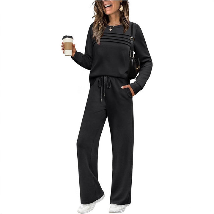 Damen Zweiteiliges Lounge-Set mit Plissee-Detail, Rundhals-Sweatshirt und weitem Kordel-Hose – Élanora