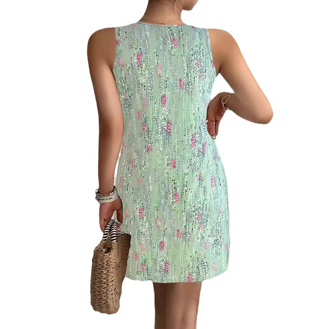 Damen ärmelloses Sommerkleid mit modischem V-Ausschnitt und Knopfdetails Echoarchiv