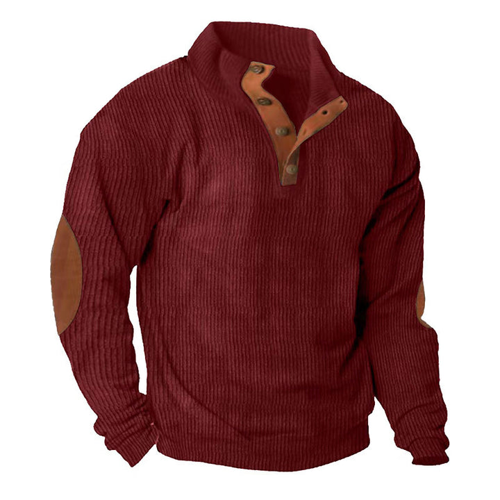 Herren nan grober Rippstrick-Pullover mit Stehkragen, Knopfleiste und markanten Ellenbogenpatches Echo Archiv
