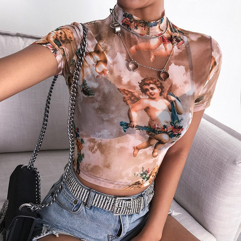Damen Hochgeschlossenes Crop-Top mit romantischem Engelmotiven Echo Archiv