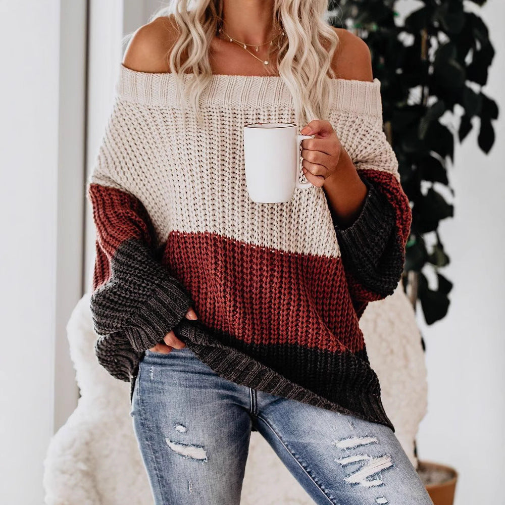 Damen Schulterfreier Oversize Blockstreifen Strickpullover Echo Archiv