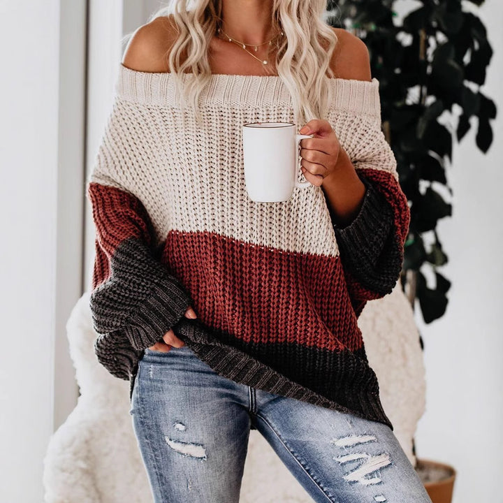 Damen Schulterfreier Oversize Blockstreifen Strickpullover Echo Archiv
