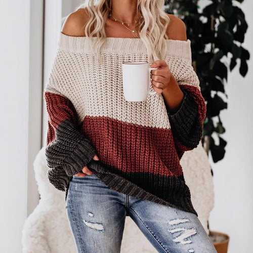 Damen Schulterfreier Oversize Blockstreifen Strickpullover Echo Archiv