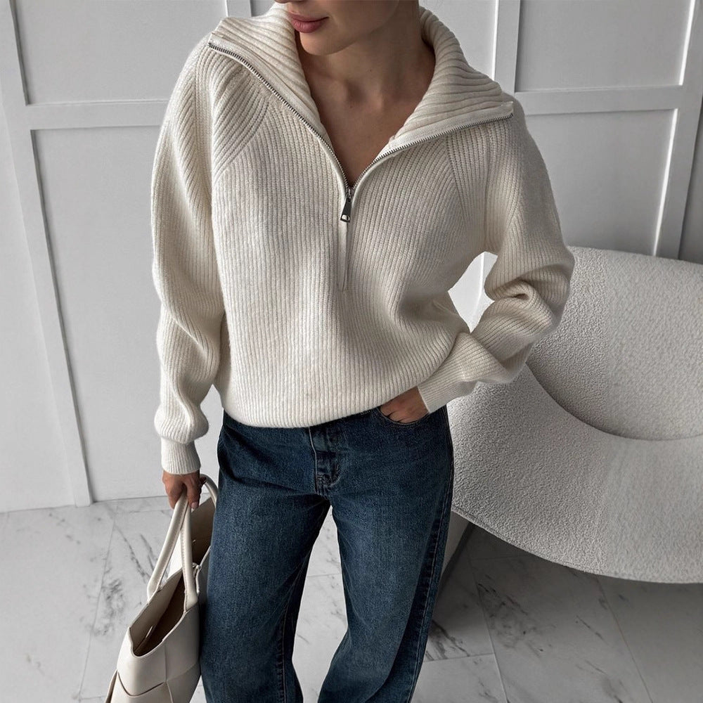 Damen Gerippter Wollmix-Pullover mit halbem Reißverschluss und weitem Stehkragen Echoarchiv