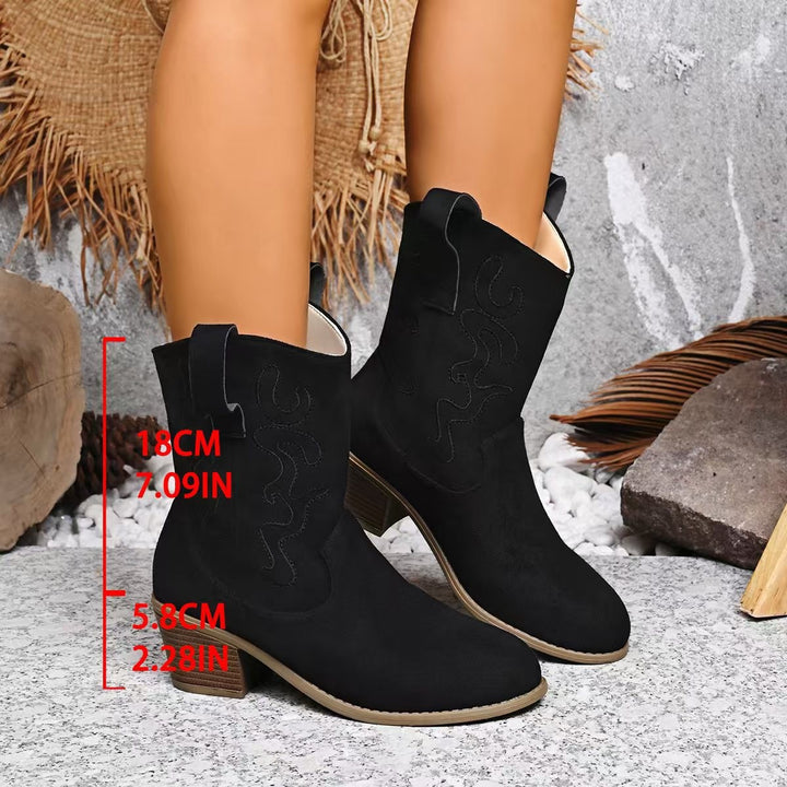 Damen Kurzschaft-Ankleboots im Westernstil aus Velours mit gestickter Ziernaht und Blockabsatz Echo Archiv
