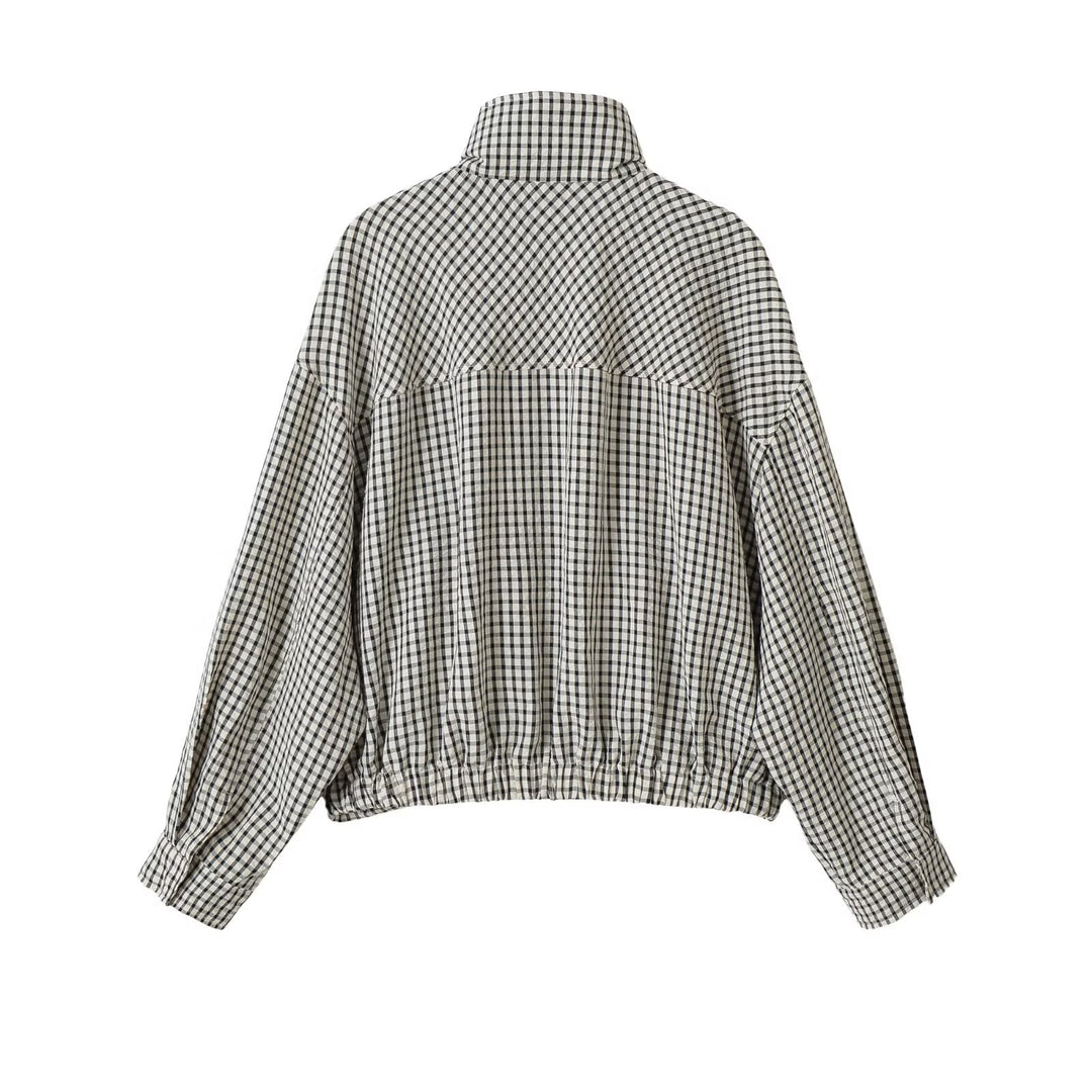 Damen Oversize Kurzblouson im Karo-Design mit hohem Stehkragen und Tunnelzugsaum Echo Archiv
