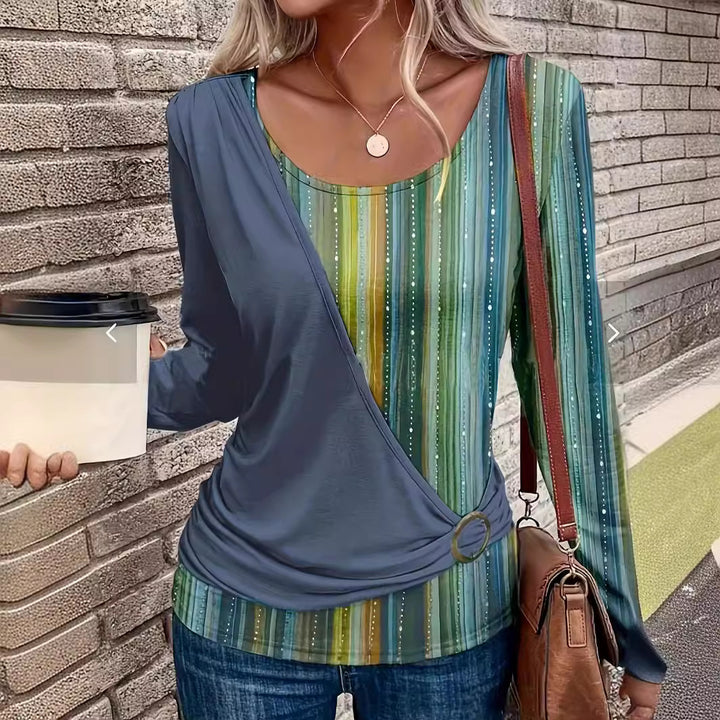 Damen Lagenlook Wickel‑Shirt mit asymmetrischer Drapierung und gestreiftem Unterteil – Orélia