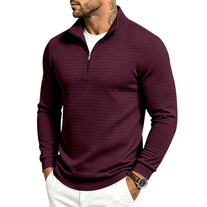 Herren Slim-Fit Pullover mit halbem Reißverschluss und geprägter Quadratstruktur Echoarchiv