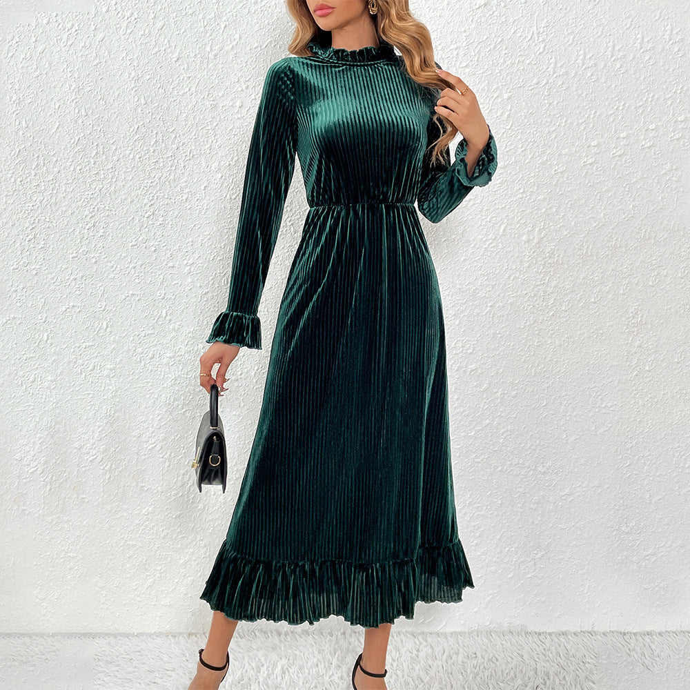 Damen Midikleid aus plissiertem Samt mit Stehkragen geraffter Taille und Volant-Saum – Élara