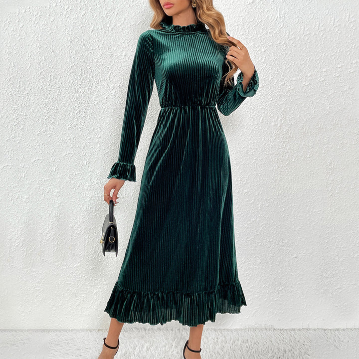 Damen Midikleid aus plissiertem Samt mit Stehkragen geraffter Taille und Volant-Saum – Élara