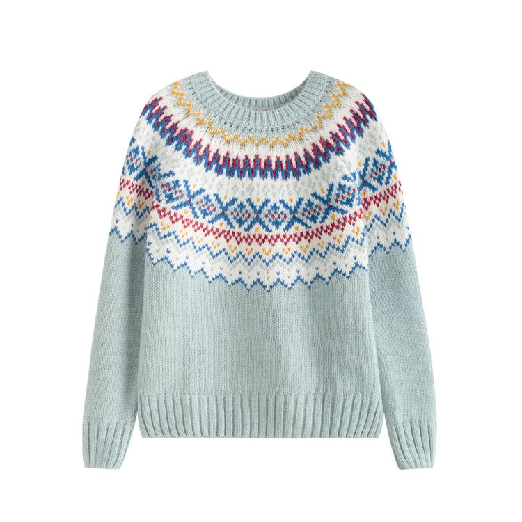 Damen nan melierter Rundhalsausschnittpullover mit kreisförmigem Jacquard-Yoke und geripptem Saum Echo Archiv