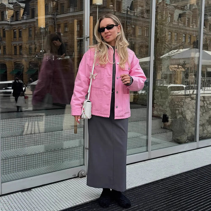 Damen Boxy Overshirt-Jacke mit aufgesetzten Taschen & Metallknopfleiste Echoarchiv