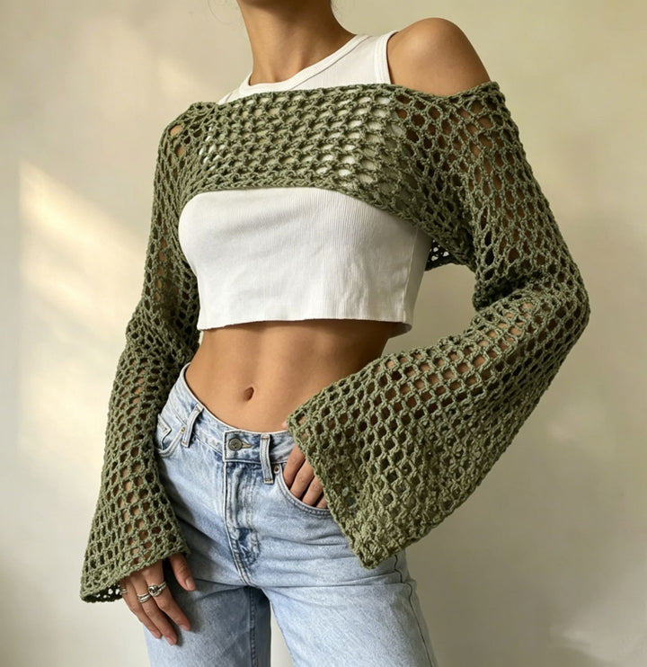 Damen gehäkelter kurzer Bolero mit asymmetrischem Schulterauschnitt und ausgestellten Ärmeln – Célinea