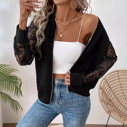 Damen nan leichte Bomberjacke mit floralen Spitzenärmeln und Reißverschluss Echo Archiv