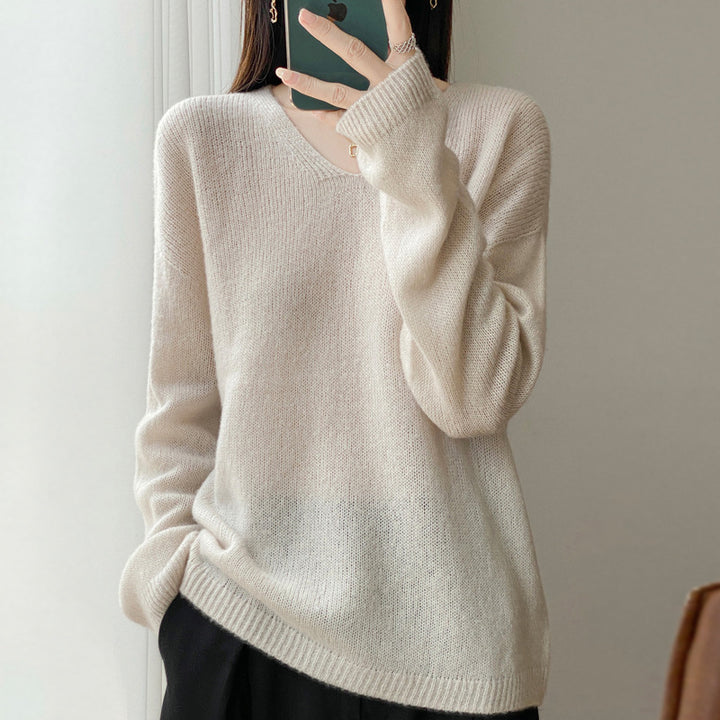 Damen Oversize-Feinstrickpullover mit feinem V-Ausschnitt und verlängertem Ärmelabschlusst Echoarchiv